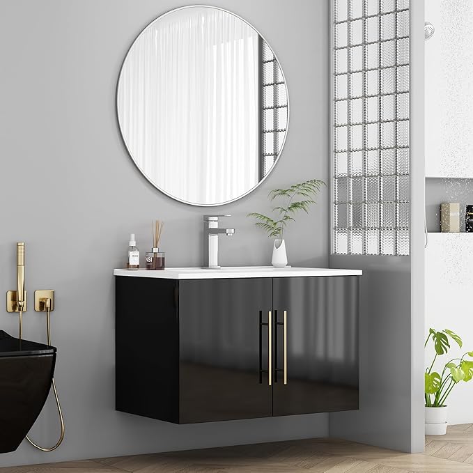 30" Wall Mounted Bathroom Vanity with Sink, High Gloss Black Floating Cabinet, Modern Gold Handles, Soft Close Doors, Integrated Ceramic Top for Powder Room