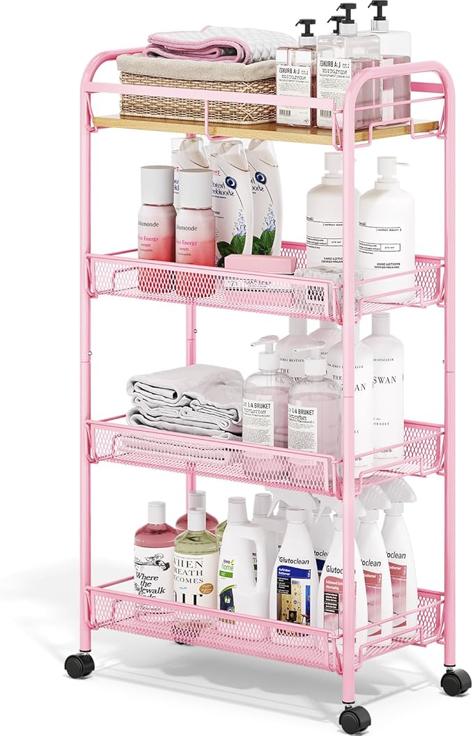 TOOLF 4-Tier Rolling Cart, Metal Utility Cart, Slide Out Storage Cart with Wooden Tabletop and Mesh Baskets, Easy Assemble Trolley for Kitchen Bathroom Laundry Room Bedroom Apartments Dormitory