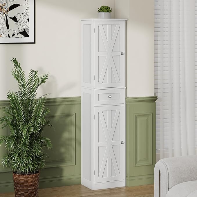 67" H Tall Bathroom Cabinet, Narrow Storage Cabinet with 2 Barn Doors and 1 Drawer, Freestanding Floor Cabinets with 6 Shelves for Bathroom, Living Room, Kitchen, White