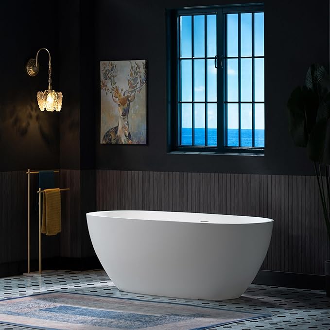 WOODBRIDGE 63" L x 28.35" W Stone Resin Luxury Contemporary Solid Surface Freestanding Soaking Tub in Matte White