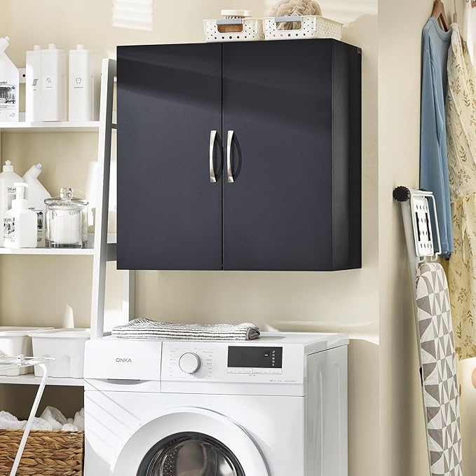 SoBuy Wall Cabinet Laundry Room Kitchen, Over Toilet Storage Cabinet, Medicine Cabinet with Shelf for Bathroom Garage Hallway Entryway, Black BZR200-SCH