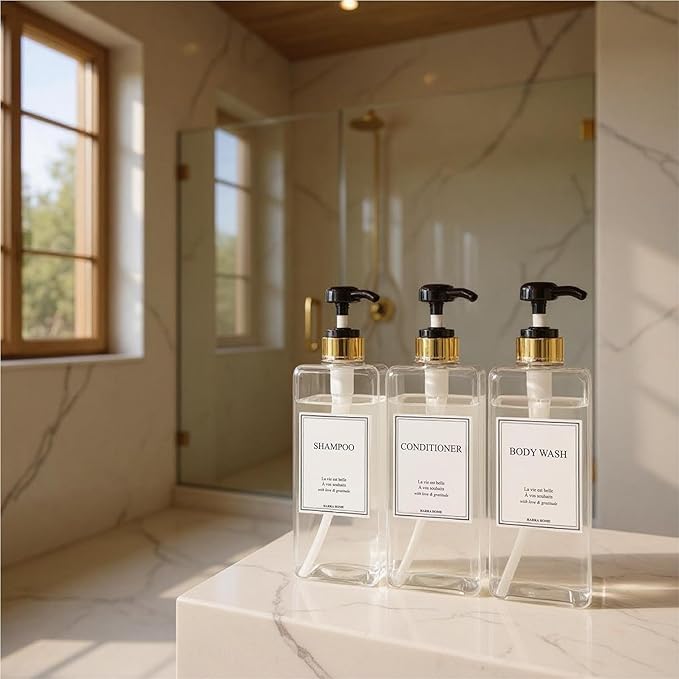 Modern Gold Design Shampoo and Conditioner Dispenser, Large 27oz Shower Soap Dispenser, Set of 3 Refillable Empty Plastic Pump Bottles for Bathroom (6 Waterproof Labels Included), (Clear & Black)