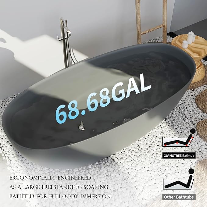 GIVINGTREE 65'' Freestanding Solid Surface Resin Stone Bathtub, Contemporary Design Stand Alone Tub with Pop-up Drain and Overflow, cUPC Certified, Matte Grey(Oval)