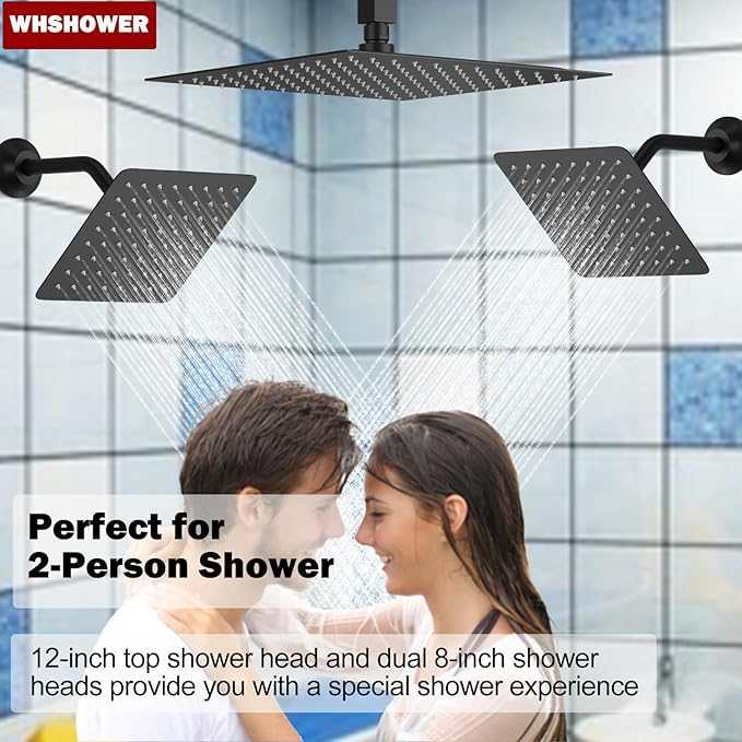 Rainfall Shower System with 12+8+8" Three Top Shower Heads, Body Jets and Handheld Shower,Matte Black Full Body Shower System with Digital Display Valve