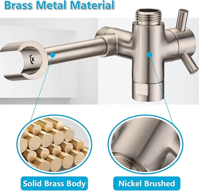 PDPBath Solid Brass Shower Arm 3 Way Shower Diverter Valve for Hand Held Showerhead and Fixed Spray Head, G1/2 Universal Connection - Brushed Nickel