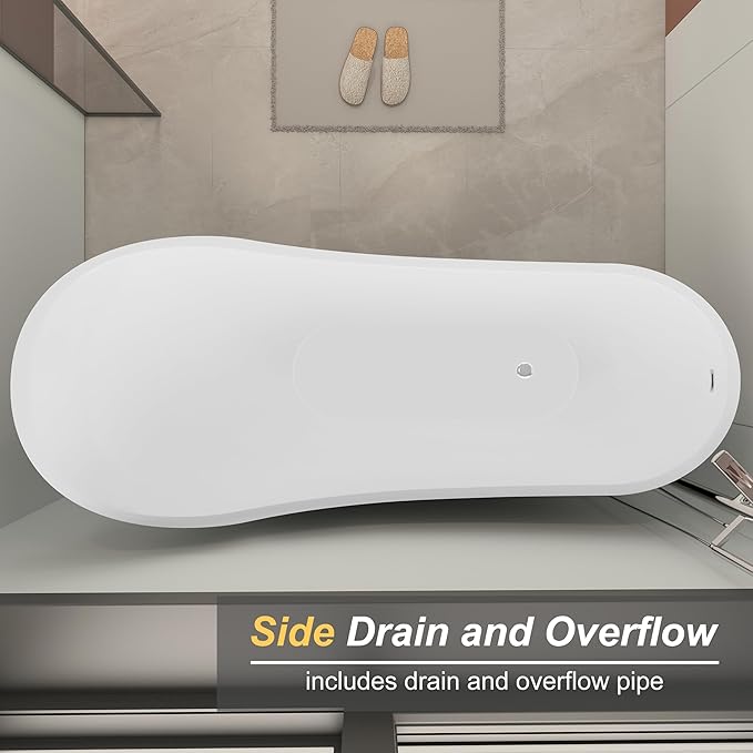 67" Freestanding Soaking Slipper Bathtub, WHALEKING Luxury Stand Alone Free Standing Deep Acrylic Tub with Chrome Overflow and Drain, Glossy White