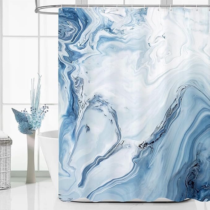 MitoVilla Blue Marble Long Shower Curtain 72 x 78, Abstract 78 inch Long Fabric Shower Curtain for Chic Luxury Bathroom Decor, Modern Ombre Watercolor Shower Curtains 78 inch