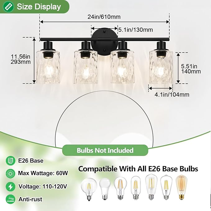 4-Light Bathroom Light Fixtures, Matte Black Vanity Lights with Water Ripple Clear Glass Shade, Bathroom Wall Lamp for Mirror, Kitchen, Living Room, Hallway, Cabinet, Porch