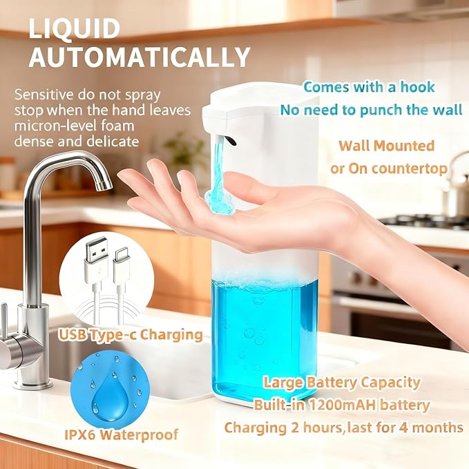 Automatic Liquid Soap Dispenser,Touchless Soap Dispenser 4-Level Adjustable Electric,Auto Bathroom Kitchen Hand Soap Dispenser,12oz/350ml,Wall Mounted,Rechargeable