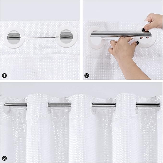 MitoVilla No Hooks Need White Waffle Shower Curtain Liner Set, Modern Waffle Weave Fabric Shower Curtains with Snap-in Liner for Luxury Hotel Grade Spa-Like Bathroom Decor, 72 x 74