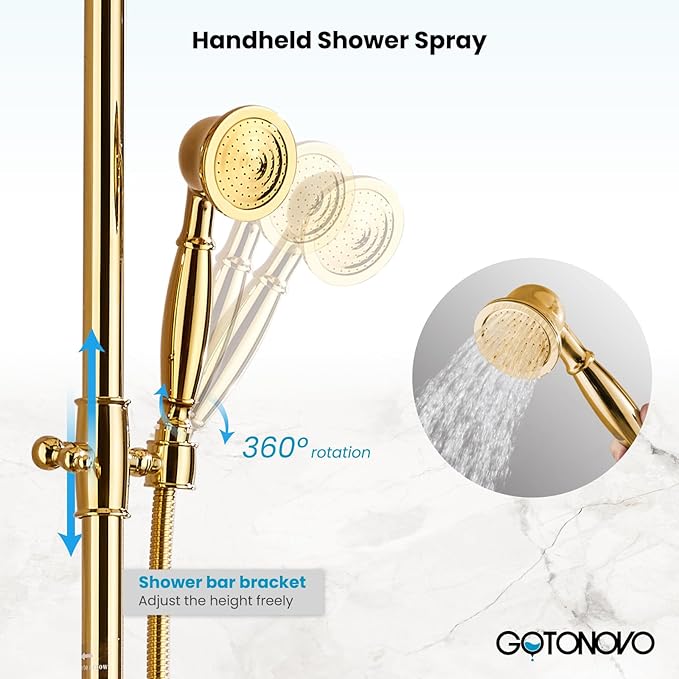 gotonovo Exposed Bathroom Shower System Classic Shower Kit 8 Inch Luxurious Rainfall Shower Head Handheld Spray Tub Filler Brass Pipe 3-Function Wall Mount Double Cross Knobs Polished Gold