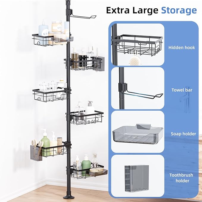 GearFusion Shower Caddy Organizer Tension Pole, Rustproof 4 Tier Corner Shower Rack with 25–114 Inch Adjustable Height for Bathroom Storage, Extra Towel Rack, Soap Dish and Toothbrush Holder, Black