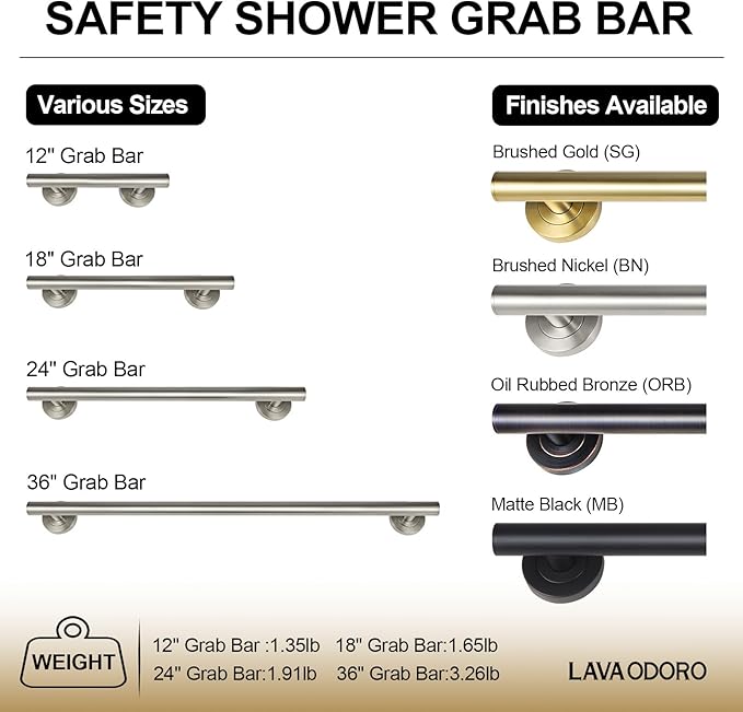Lava Odoro Shower Grab Bar, Modern Stainless Steel Handicap Grab Bar for Bathtubs and Showers, Shower Safety Bar for Seniors Disabled, ADA-Compliant (Brushed Nickel, 24 Inch)