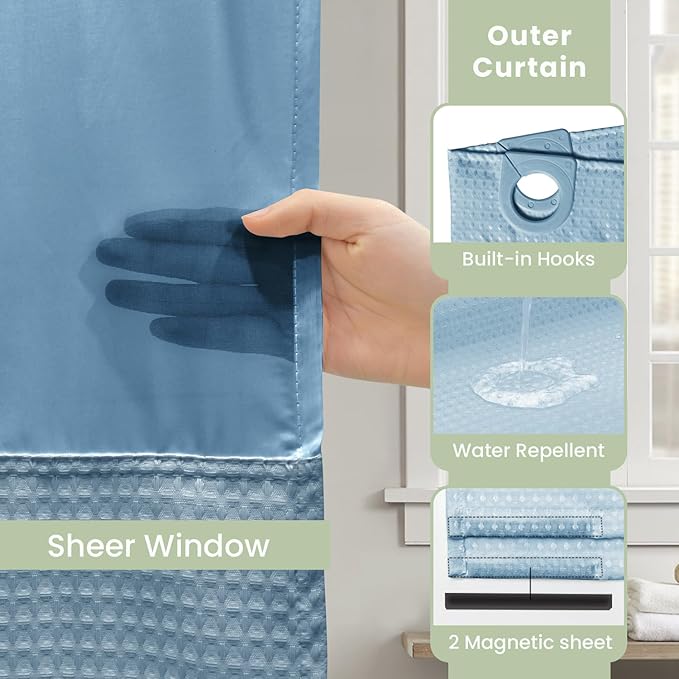 Inhousolu No Hook Shower Curtain with Snap in Fabric Liner Set Waffle Weave 230GSM Weighted Hem, Waterproof & Washable Bathroom Curtain Spa Luxury with Mesh Top Window 72" W x 72" L Teal