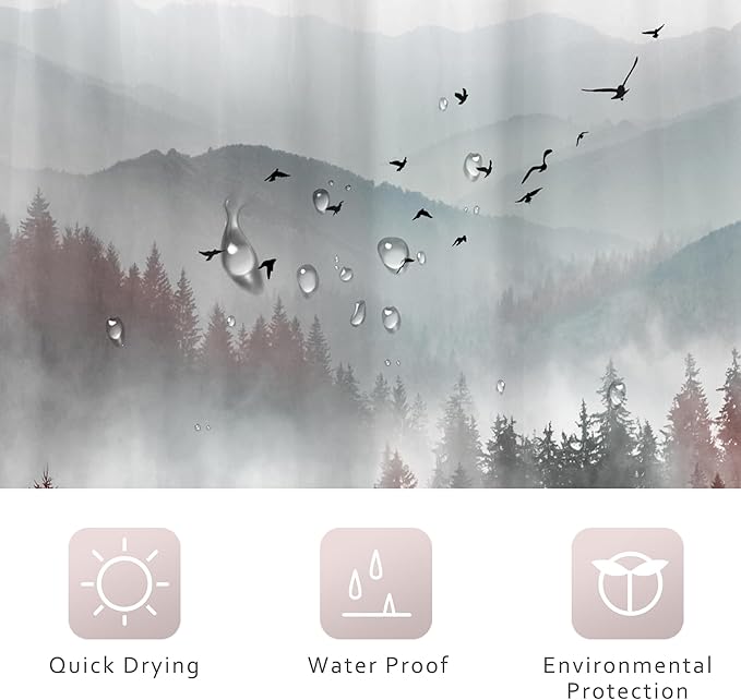 Riyidecor Red Black Mountain Shower Curtain 48Wx72H Inch,Stall Narrow Rv Small Nature Woods,Rustic Landscape Scenery Pine Tree Woodland Cool Bathroom Decor Fabric Polyester Waterproof 12 Pack Hooks