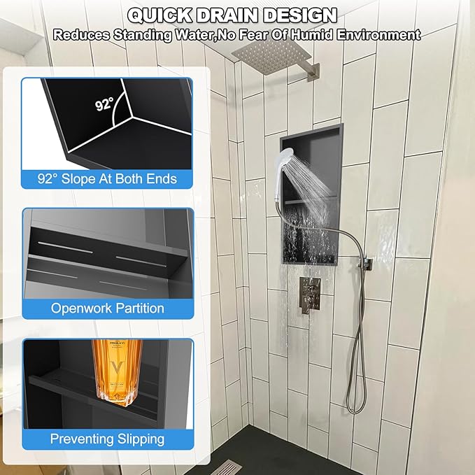 304 Stainless Steel Shower Niche Insert-Glossy Black 24 x 12" No Tile Needed Bathroom Niche for Shower Wall-Double Shelves Built in Shower Shelf-Waterproof Recessed Cabinet for Bathroom Living Room
