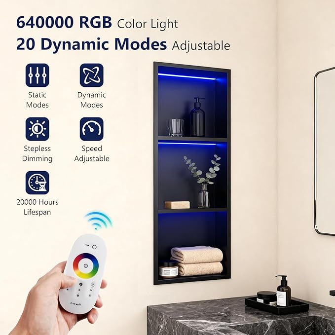 12" X 36" RGB LED Shower Niche No Tile Needed, 304 Stainless Steel Shower Niche Insert Tile Ready, Recessed Wall Shelf for Bathroom Storage Organizer with Remote Control, Matte Black