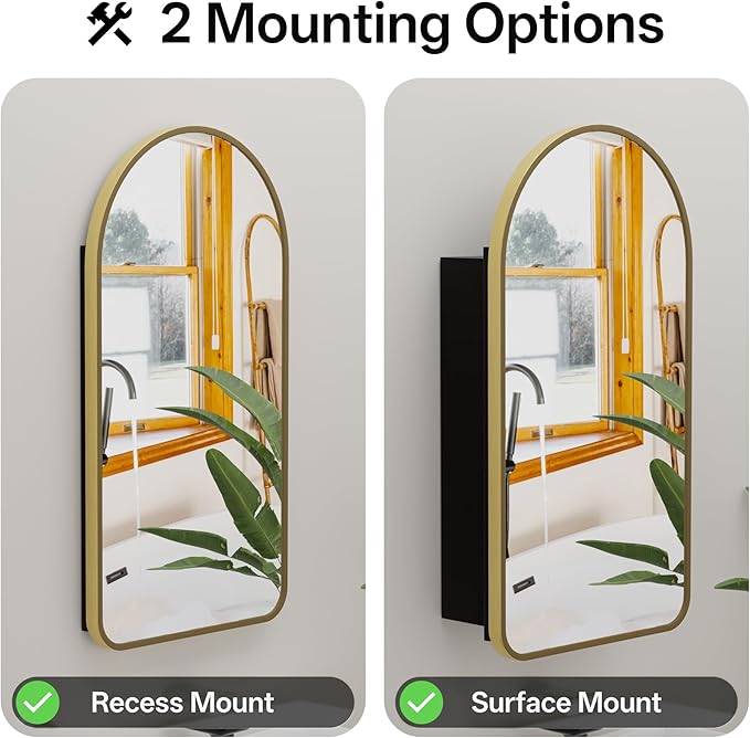 Arched Bathroom Medicine Cabinet with Mirror, No Assembly Needed, Recessed or Surface Mount Wall Storage Cabinet, Mirror Cabinet with Tissue Slot & 2X Magnifying Mirror (Gold, 31.5"L x 19.7")