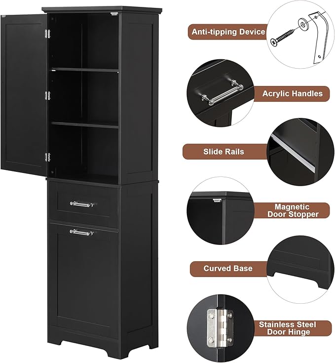 Favfurish 68" Tall Bathroom Storage Cabinet with Door and 2 Drawer,Modern Linen Cabinets w/Adjustable Shelf & Magnetic Door Stopper,Freestanding Organizer for Bath Room,Study,Office,Kitchen Black