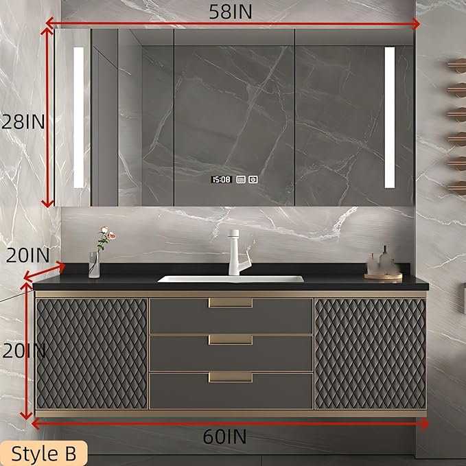 60IN Modern Bathroom Vanity - Wall-Mounted Bathroom Cabinet with LED Light | Intelligent Defogging Mirror Cabinet Includes Time Display Function, 2 Drawers & 2 Storage Cabinets (Style B)