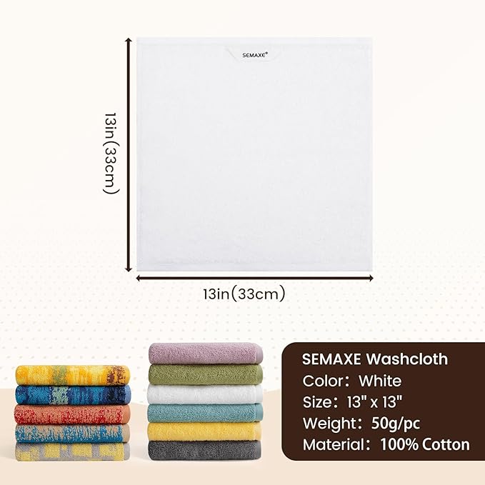 SEMAXE 100% Cotton Washcloths for Bathroom - 24 Pack, Quick-Dry Face Towels with Hanging Loop, Highly Absorbent and Soft, 13x13 Inch, White