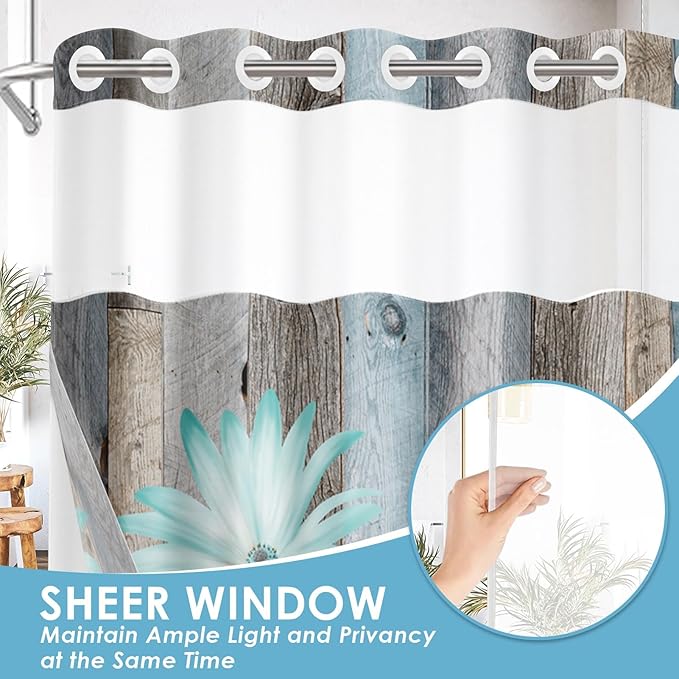 No Hook Rustic Farmhouse Shower Curtain with Snap in Fabric Liner Set, Teal Daisy Flowers and Butterfly on Wooden Double Layers Waterproof with See Through Top Bath Curtain 71x74 Inch