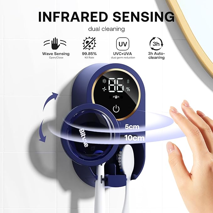 Bitvae Upgraded Tooth Brush Holder for Bathroom 2.0, Infrared Sensing Toothbrush Cleaner, Wall-Mounted for Most Size Toothbrushes, Air Drying, LED Smart Screen, Navy Blue