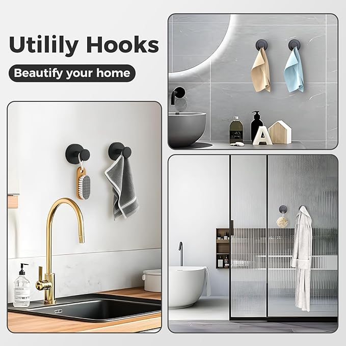 Shower Hooks for Inside Shower,Suction Cup Hooks for Glass Window,Removable Towel Hooks for Bathrooms,2 Packs(Black)