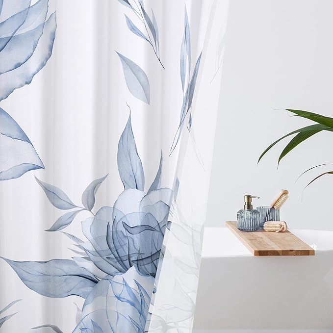 Extra Long Boho Watercolor Floral Shower Curtain 72 x 84, Blue and Grey Ink Painting Style Flower Shower Curtains for Chic Elegant Bathroom, Artistic XL Fabric Cloth Shower Curtain