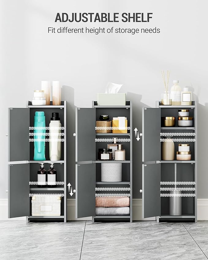 Bathroom Storage Cabinet, Corner Floor Cabinet with 2 Doors and Adjustable Shelf, Narrow Toilet Paper Cabinets, Bathroom Organizer for Small Spaces, 7.9" D x 9.8" W x 29.5" H Gray