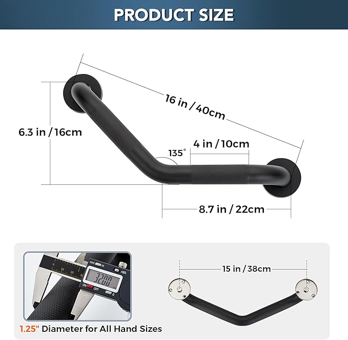 Grab Bars for Bathtubs and Showers- 1-1/4 x 16 Angled Shower Grab Bar for Seniors Knurled Stainless Steel Handicap Grab Bars for Wall (Black, 1 Pack)