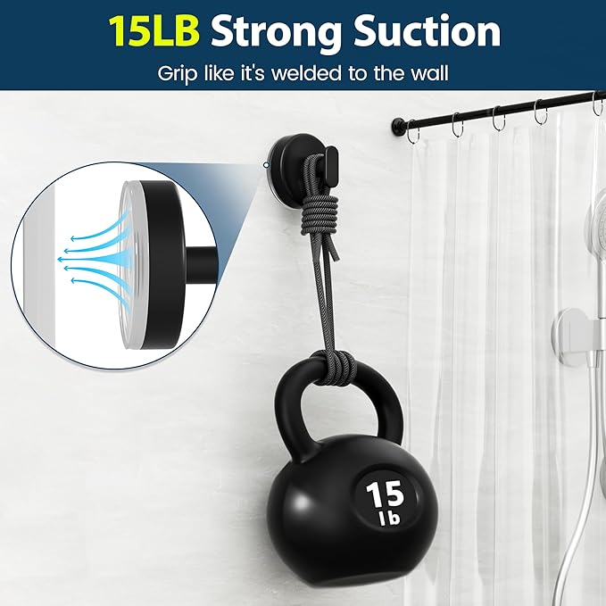Suction Cup Hooks for Shower: 15 LB Strong Wall Hanger for Bathroom, Front door, Glass, Window, RV, Holder for Towel, Christmas Wreath, Coat, Loofah, Waterproof & Reusable, Matte Black 10-Pack