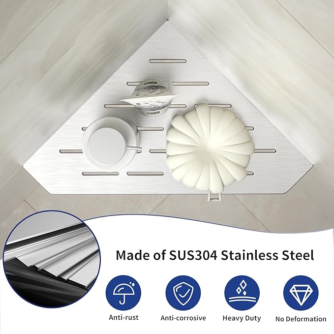 Corner Shower Shelf 10" Brushed 304 Stainless Steel Pentagonal Heavy Duty Floating Corner Sheves Slot Design Recessed Bathroom Shelf for Tiled Wall 2 Pack, No Drilling Needed