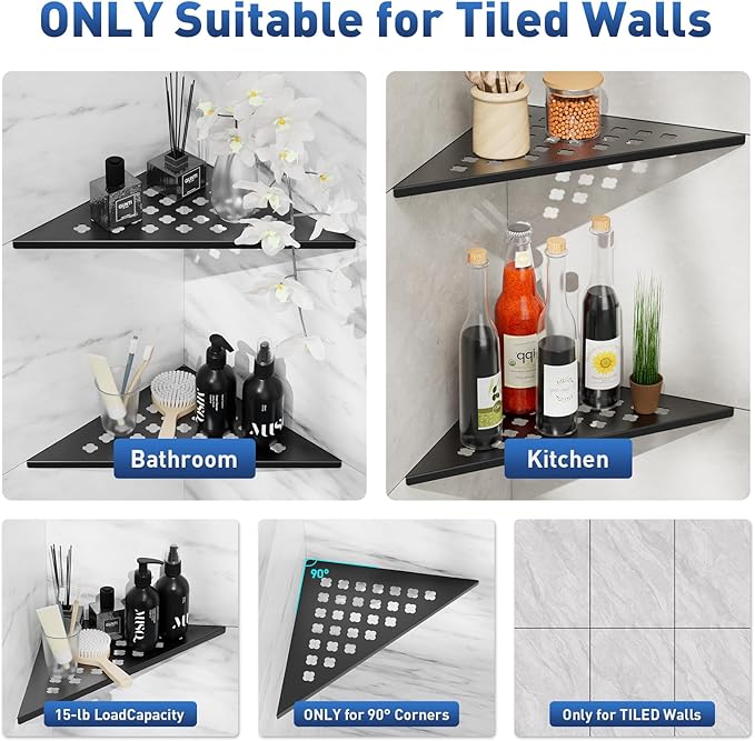 lives Shower Corner Shelf 10" Slot Design Corner Shelves for Inside Shower, 304 Stainless Steel Recessed Bathroom Shelves for Tiled Wall, Black 2 Pack (Floral)