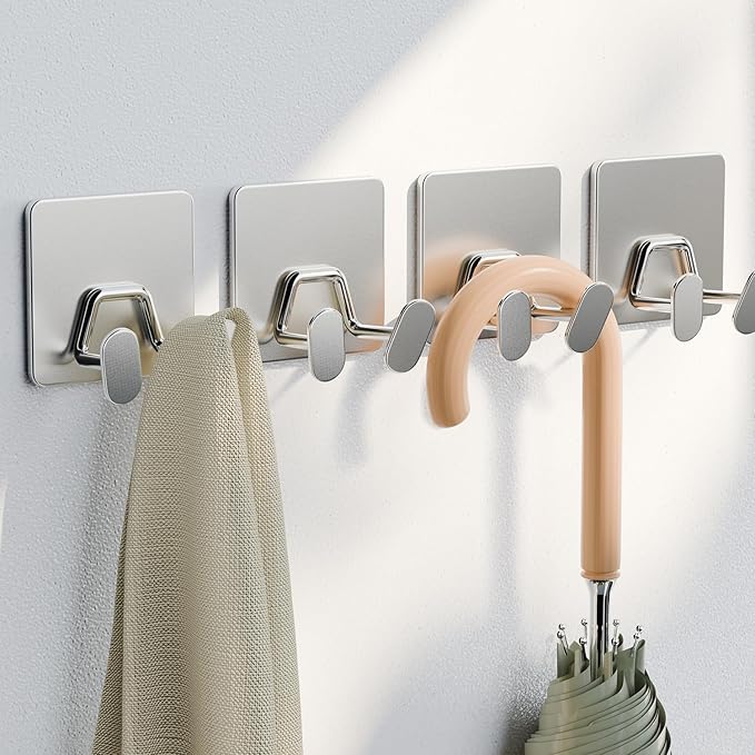 Shower Hooks for Inside Shower - Extra Sticky Stainless, Razor Holder Accessories, Wall Mounted Self-Adhesive Double Hooks for Razor, Loofah, Towel, Shaver, Coat, Key, Silver 6 Pack