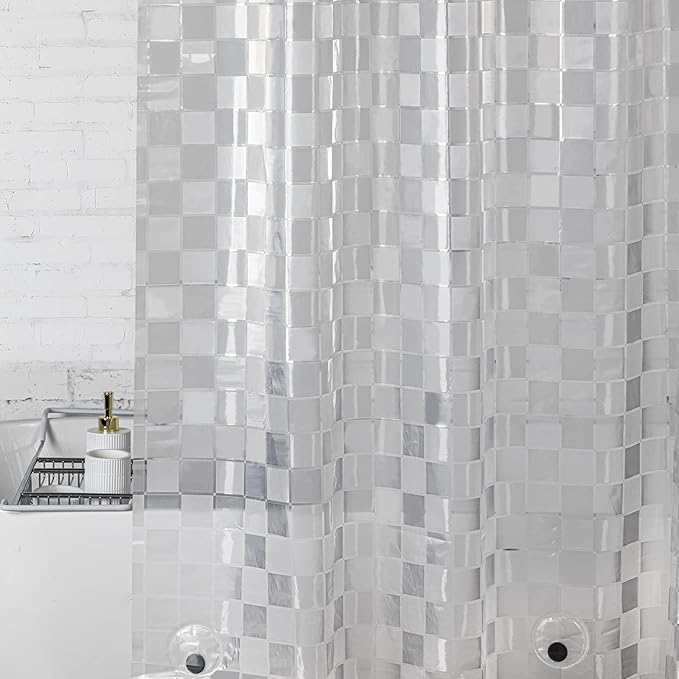 WELTRXE EVA Shower Curtain Liner 72x72 Inch 8G Heavy Duty Clear Shower Liner with Design, Plastic Shower Curtains for Bathroom Bathtub, Shower Stall, 3D Frosted Square Pattern, 3 Magnets