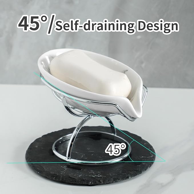 Leaf-Shaped Soap Dish – Premium Ceramic Soap Bar Holder with Self-Drainage System – Bar Soap Holder for Shower, Bathroom Sink, Kitchen – Waterfall Soap Dish with Stainless Steel Stand (SLIVER)