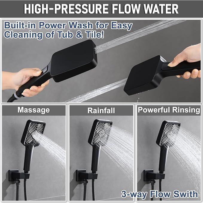 Thermostatic Shower Valve/System 12 inches Black Brass Faucet Set With Diverter/Mixer With Handheld Rain Head High Pressure Modern Rainfall