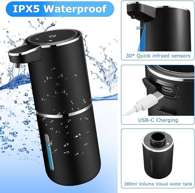 Automatic Soap Dispensers,12.8oz/380ml USB Touchless Automatic Foaming Soap Dispenser,Rechargeabled Wall Mounted Smart Soap Dispenser for Bathroom Kitchen Dish Soap(Black)