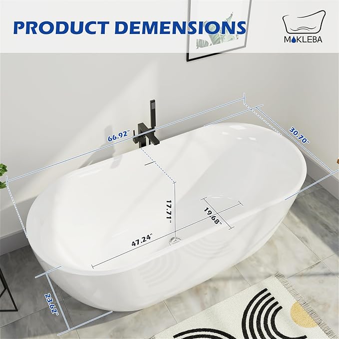 67" Acrylic Freestanding Bathtub, Elegant Oval Free Standing Tub, Soaking Tub with Integrated Slotted Overflow, Toe-Tap Chrome Drain, cUPC Certified, Glossy White
