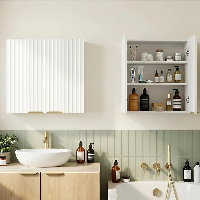 ChooChoo Bathroom Wall Cabinet, Kitchen Storage Cupboard Cabinet with 2 Doors, Fluted Laundry Room Cabinet for Bathroom, Kitchen, Garage, White