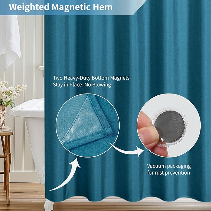 2-in-1 Waterproof Fabric Shower Curtain or Liner,Linen Textured,Breathable TPU & Washable Bathroom Shower Curtain Set with 12 Plastic Hooks,Modern,72"x72" Oceanblue