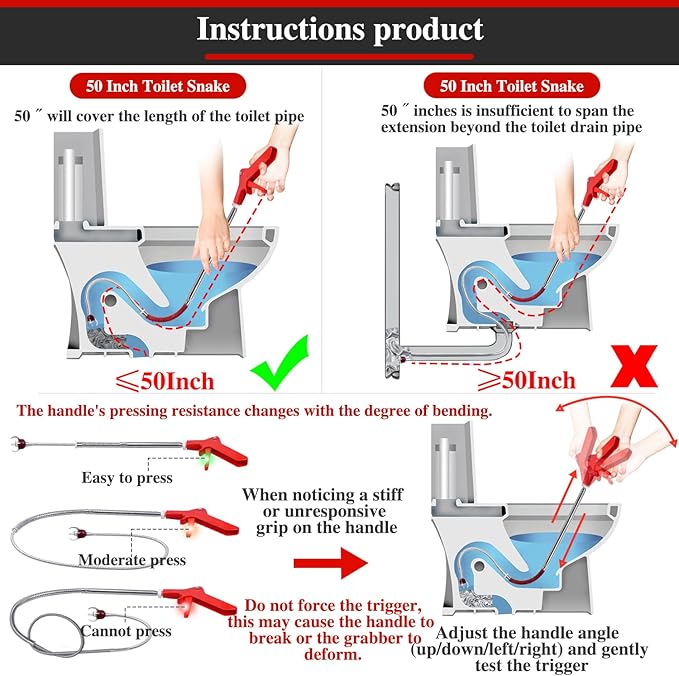 50 Inch Toilet Snake Drain Auger Cleaner Tool, Upgraded Grabber Unclogger Tool, Toilet Auger Grabber, Stainless Steel Telescoping Rod for Pick/Grab Objects Clogged in Toilet Pipes/Drain