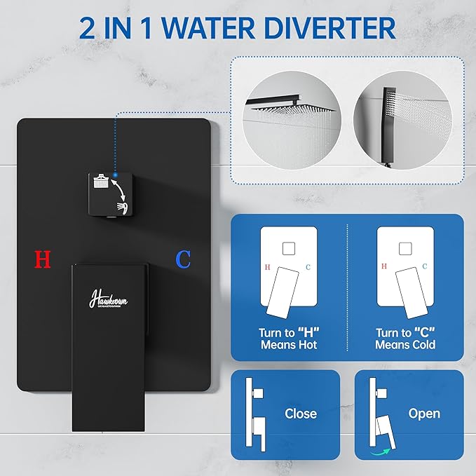 12 Inch Luxury Rain Shower Faucet Set, Matte Black Shower System with Rainfall Shower Head and Handheld Spray, SUS304 Stainless Steel and Solid Brass Wall Mounted Shower Valve Trim Kit
