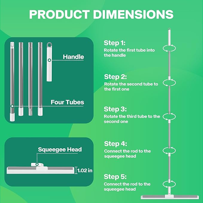 Floor Squeegee with 180° Rotating Head, Squeegee for Floor with 62" Long Handle, Silicone Broom for Window Cleaning, Bathroom Tile, Garage Concrete, Deck, Shower Glass, Pet Hair, Water