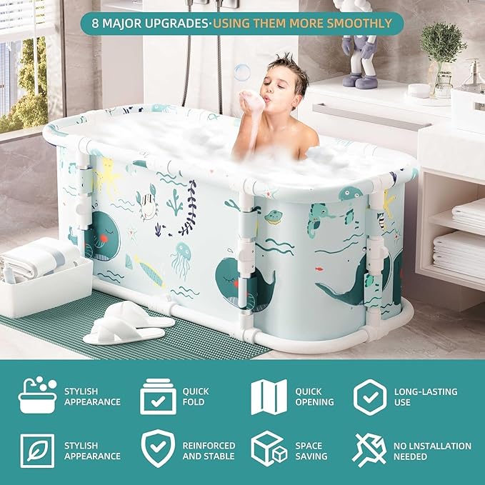 Portable Bathtub, 47“ Foldable Bathtub-Installation Free, 7 Layers Thicken with Metal Support, Therapy Tub for Shower Stall Fold Up Soaking Bath Tub, Hot SPA, Ice (Wonder Ocean D1)