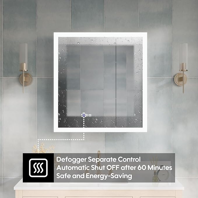 WELLFOR 30 x 32 Inch LED Medicine Cabinet with Lights, 3X Magnification Makeup Mirror, Bathroom Vanity Mirror Cabinet with Storage, Anti Fog, Surface or Recess Mount, Double Opening Door