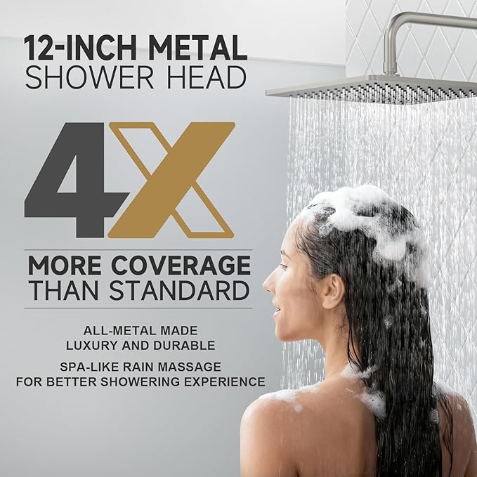 Lava Odoro 12-inch Square Bathtub and Shower Faucet Set Brushed Nickel, Shower Trim Kit with Rough-in Valve High Pressure Gold Rainfall Shower Head and Handle Set, (Valve Included), SF106-BN-T