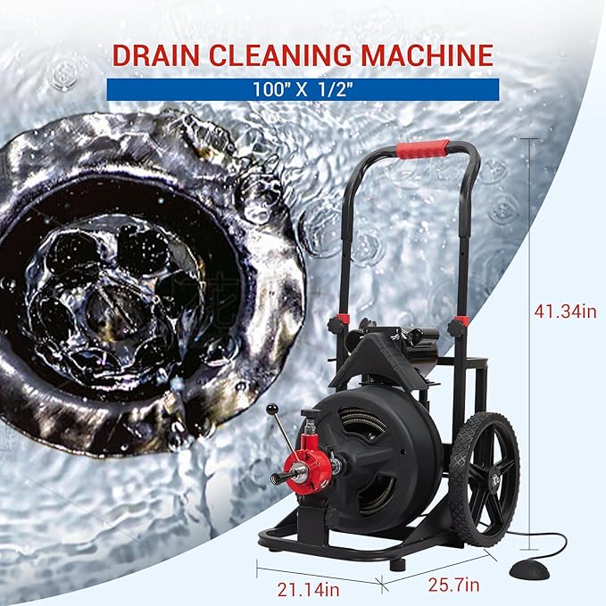 Heavy Duty Electric Drain Cleaner Machine, 100 Ft x 1/2 Inch Sewer Snake, 370w Auto-Feed, 6 Interchangeable Cutters, Gloves, Portable Pipe Cleaning Tool for 2-4 Inch Pipes