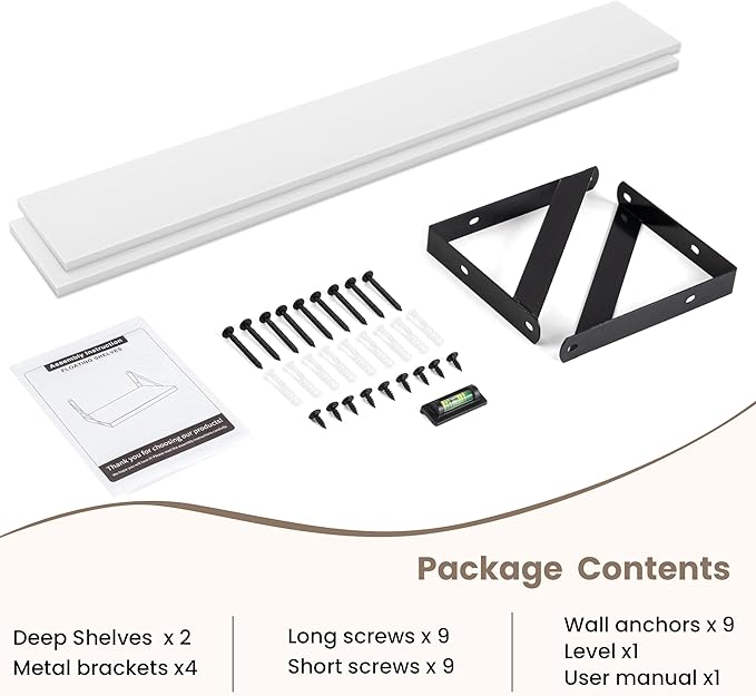 Dreamland 8 inch Deep Floating Shelves for Wall, 55W x 8D Wall Mounted Shelves Set of 2, Wide Display Ledge Shelf with Sturdy Metal Brackets for Living Room, Bathroom, Bedroom and Kitchen, White